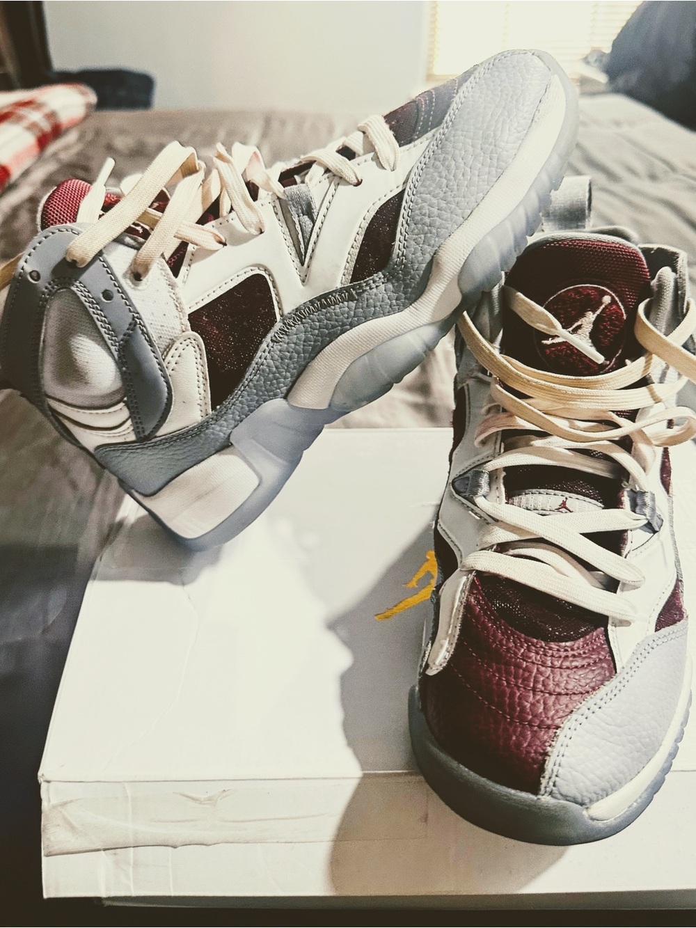 Jordan youth size 5 High-Top Sneakers in Gray and Burgundy